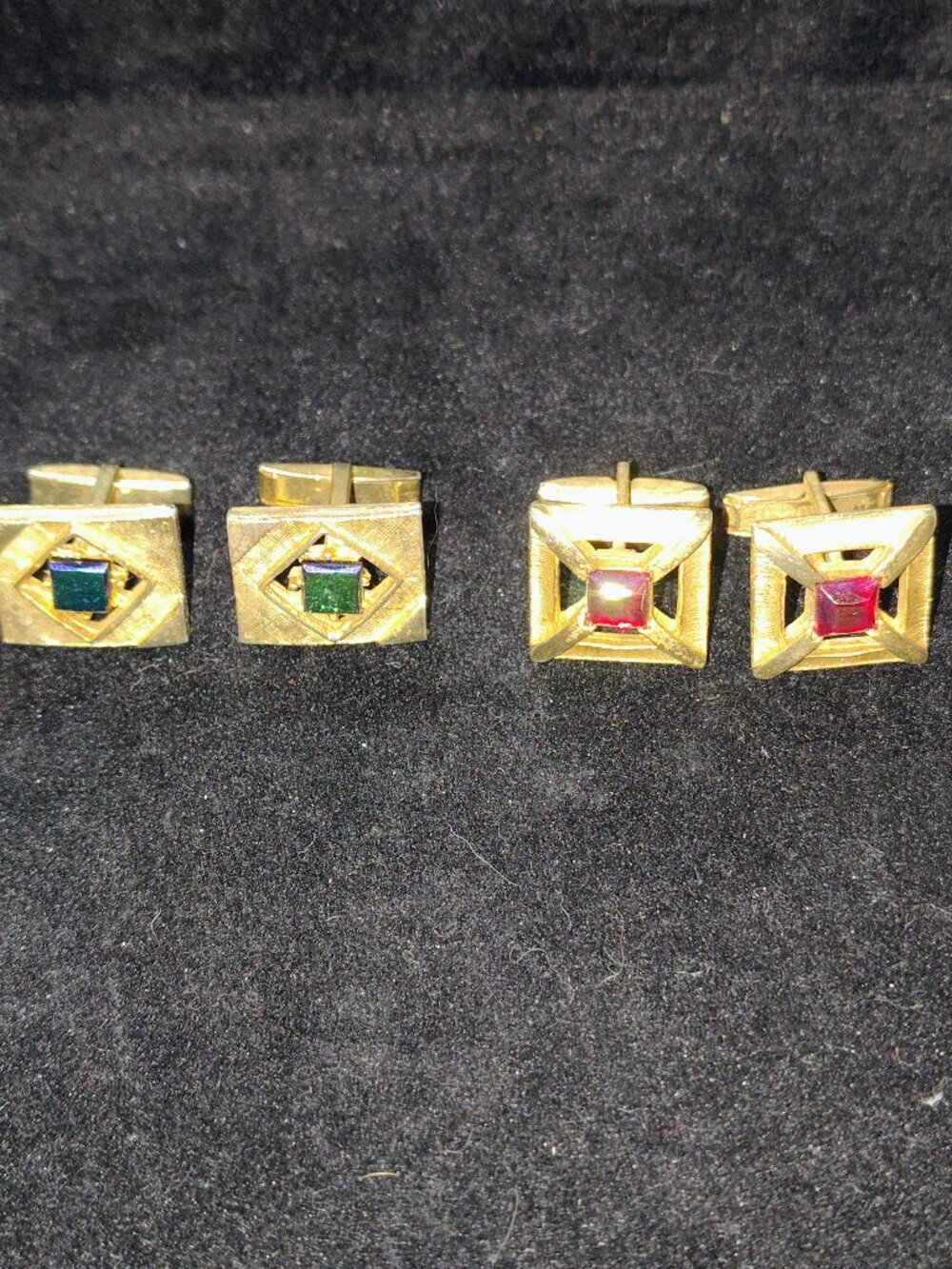 Vintage Mid‑Century Geometric Cufflinks Lot (2 Pairs) – AB Glass & Faux Ruby
